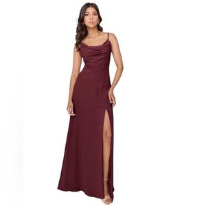 Revelry NWT Ember Chiffon Cowl Neck Spaghetti Strap Lace Up Maxi Gown Burgundy